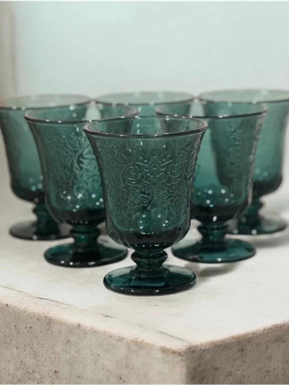 Set of Embossed Teal Glass Goblets
